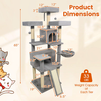 65 Inch Tall Multi-level Cat Tree with 3 Upholstered Perch and 2 Cat Condos