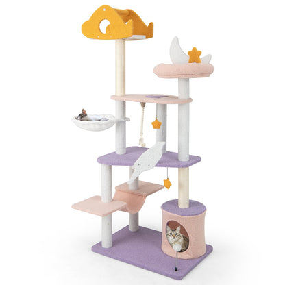 66 Inch Cute Cat Tree Cats Multi-level Tall Cat Tower with Sisal Covered Scratching Posts-Purple