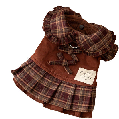 Autumn And Winter Dog Skirts With Check Patterns For Warmth, Cat Teddy Bichon Frise, High-end Custom Pet Clothing For Small And Medium-sized Dogs