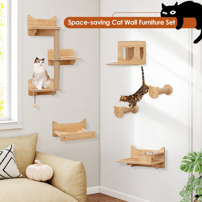 6 Pieces Cat Wall Furniture Set Kitten Wall Mounted Shelves-Natural