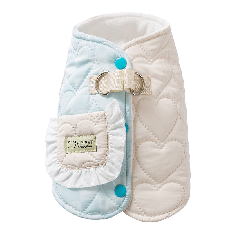 For Autumn And Winter, There Are Thick And Warm Heart-shaped Checkered Pocket Towing Vests, Cotton-padded Clothes, And Two-legged Pet Dog Clothes For Cats