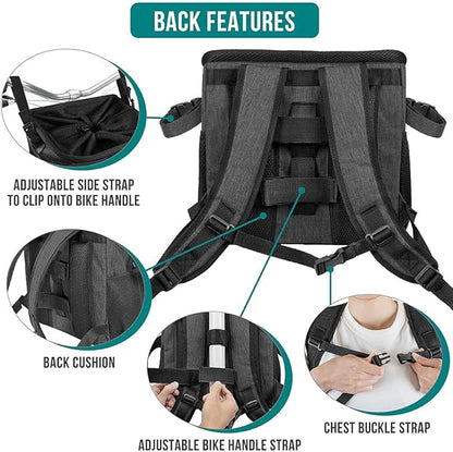 PetAmi Dog Bike Basket, Soft-Sided Ventilated Dog Bike Carrier Backpack, Pet Bicycle Basket for Bike Handlebar, Small Medium Puppy Cat Kitten Car Booster Seat with Safety Strap, Max 18 lbs, Dark Gray