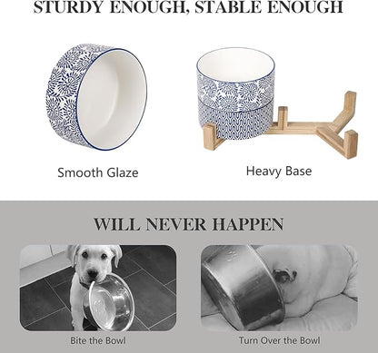 Selamica Ceramic 14 OZ Dog Bowls with Wooden Stand, Anti-Slip Dog Dishes Set for Cats & Small Dogs, Weighted Pet Bowls Set of 2, Vintage Blue