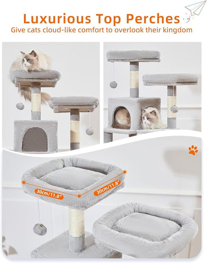 Taoqimiao Cat Tree, 68-Inch Cat Tree Cat Tower for Indoor Cats, Plush Multi-Level Cat Condo with 6 Scratching Posts, 2 Perches, 2 Caves,Hammock, 3 Pompoms,MS020SW Light Gray