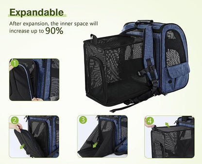 Pecute Pet Carrier Backpack, Large Cat Carrier Backpack, Expandable Cat Backpack with Breathable Mesh for Medium Large Cats, and Small Dogs, Dog Backpack Carrier for Travel Hiking Blue