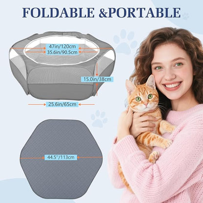 2-in-1 Small Animals Playpen with Pad, Waterproof Small Pet Cage Tent with Reusable Pad, Portable Outdoor Yard Fence with 3 Metal Rod for Chick/Kitten/Puppy/Guinea Pig/Rabbits/Chinchillas, Gray