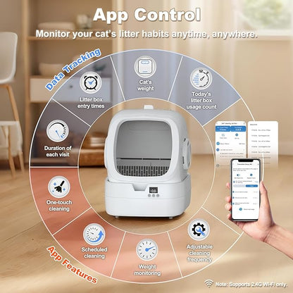 Automatic Cat Litter Box Self Cleaning - APP Control and Weight Monitoring - Ultra-Quiet, Suitable for Medium Cats and Kittens, Safe Anti-Pinch Litter Box (Assembly Required) -White