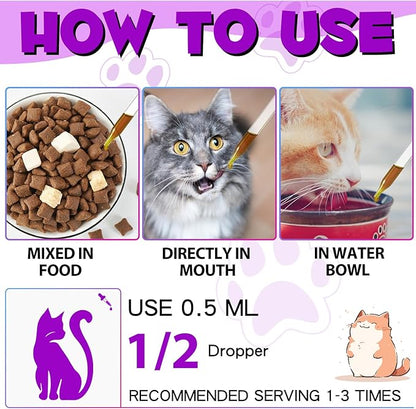Cat Multivitamin, 15 in 1 Cat Multivitamin Liquid Drops, Cats Vitamins and Supplements with Glucosamine and Probiotics, Bones, Joint, Skin & Coat, Bladder, Immune System Support, 60ML
