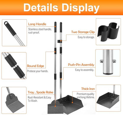 Pooper Scooper, Metal Aluminum Tray and Spade Poop Scoop Set with Adjustable Stainless Steel Long Handle, Pet Waste Removal Heavy Duty Poop Scooper (Small Tray&Spade)
