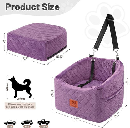Dog Car Seat for Small Medium Dogs, Memory Foam Pet Booster Seat for Dogs up to 35 lbs, Elevated Dog Carseat, Travel Safety Bed with Washable Removable Cover and Storage Pockets (Purple)