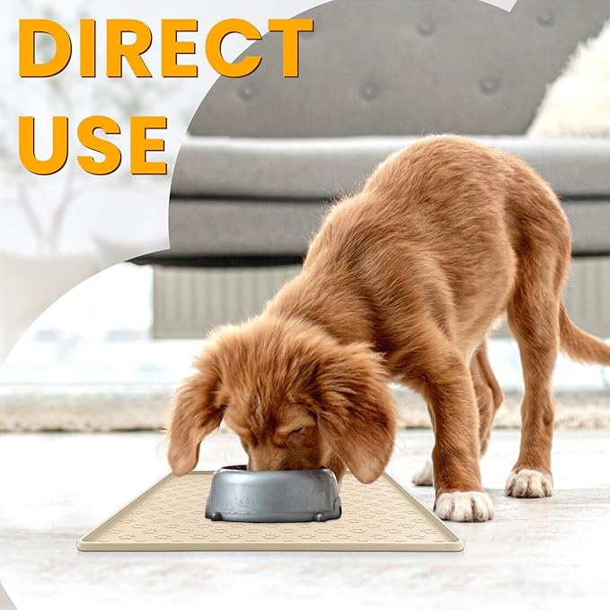 Ptlom Pet Placemat for Dog and Cat, Waterproof Non-Slip Silicone Feeding Bowl Mat Prevent Food and Water Overflow, Puppy Dish Feeder Fountain Trays Suitable for Medium and Small Pets, Beige