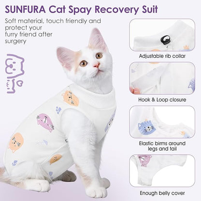 SUNFURA Cat Recovery Suit, Kitten Surgical Full Bodysuit for Abdominal Wound Protector Anti Licking After Surgery, Professional Bandages Cone E-Collar Alternative for Small Male & Female Pets