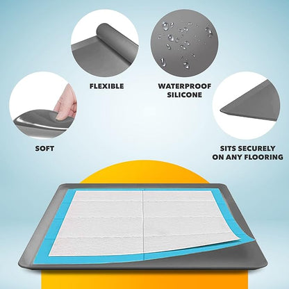 TidyFriend Dog Pee Pad Holder Tray Fits for 24” x 24” Wee Wee Pee Pads - Stable Grip, Raised Edges, Quick-Wipe Silicone Surface Dog Potty Tray Holder for Indoor Flooring Protection (Dark Grey)