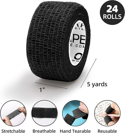 OK TAPE Self Adherent Cohesive Bandages Wrap - 24Packs, 1" x 5 Yards, Non-Woven Self Adhesive Bandage Wrap for Thumb, Finger, Wrist, Ankle, Vet Wrap Bandages Tape (Black)