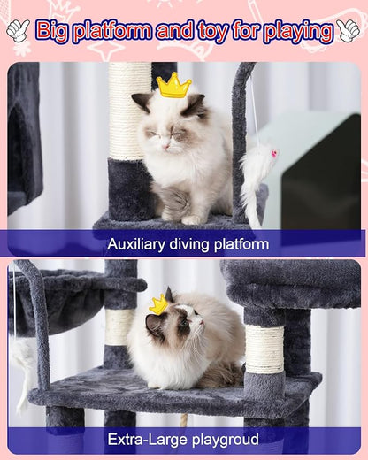 Cat Tree, Cat Tower for Large Cats with 2 Big Platforms, 2 Baskets, condo and Toys, 63" Cat Scratching Posts for Indoor Cats, Smoky Gray GCT020G