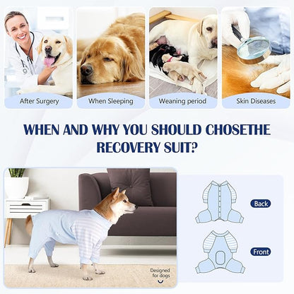 Dog Recovery Suit, Abdominal Wound After Surgery Wear, Anti Licking Bodysuit with Snaps, E-Collar & Cone Alternatives, Long Sleeve Dog Spay Surgical Onesie Prevent Shedding(Medium, Blue)