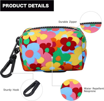 Petmolico Dog Poop Bag Holder Leash Attachment, Pet Waste Bag Dispenser Zippered Pouch, Fits Any Leash, Includes Free Roll of Dog Bags, Poop Bag Dispenser - 2 Pack, Colorful Flowers