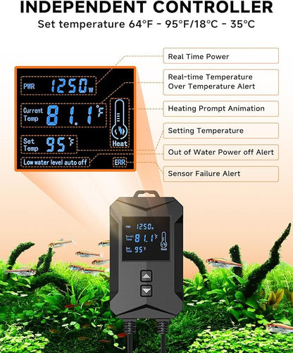 AQQA Aquarium Heater,64-95°F Fast Heating Double Quartz Glass Tube Fish Tank Heater,High-definition LCD Controller Displays Real-time Power,Anti-dry and Over-temperature Protection (1200W 210-330 Gal)