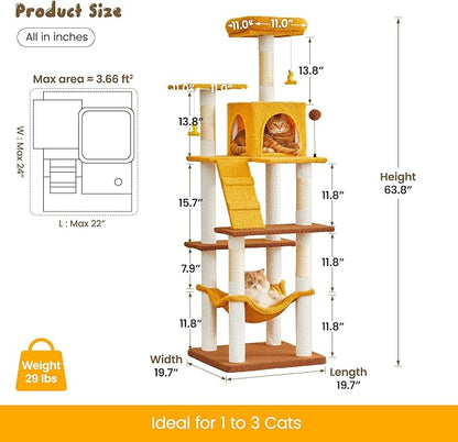 MWPO Cat Tree, 63.8-Inch Cat Tower for Indoor Cats, Multi-Level Cat Condo with 5 Scratching Posts, 2 Perches, Hammock, Dangling Toys, Yellow