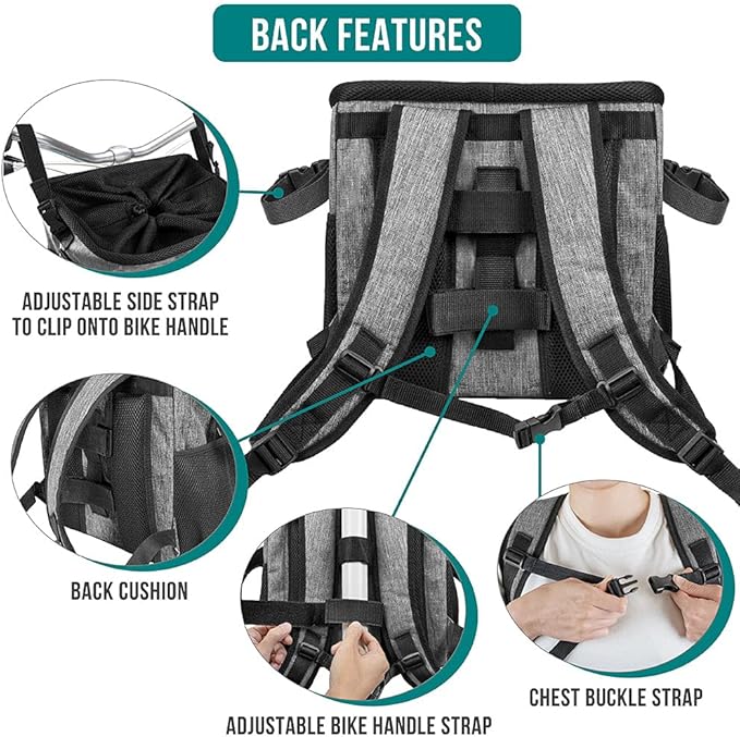 PetAmi Dog Bike Basket, Soft-Sided Ventilated Dog Bike Carrier Backpack, Pet Bicycle Basket for Bike Handlebar, Small Medium Puppy Cat Kitten Car Booster Seat with Safety Strap, Max 18 lbs, Gray