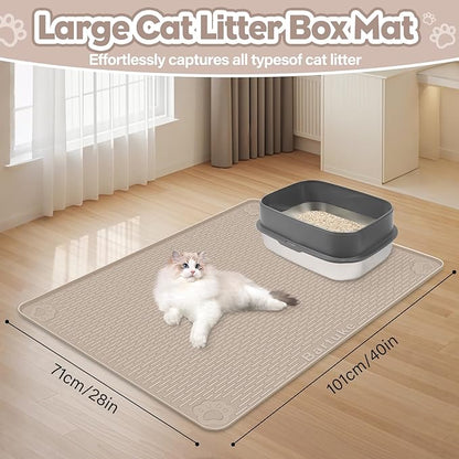 Cat Litter Mat, Extra Large 40" x 28" Silicone Mat Litter Trapping Mat for Scatter Control, Soft on Kitty Paws, Easy to Clean (Khaki)