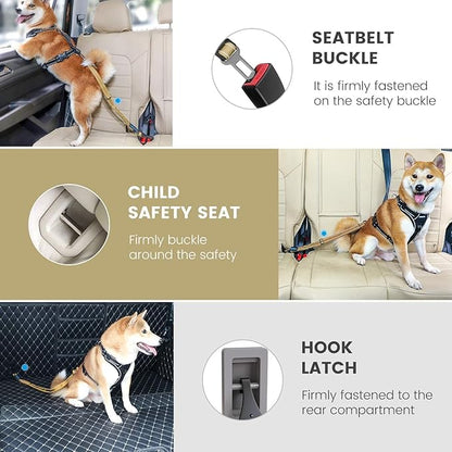 IOKHEIRA Dog Seat Belt 3-in-1 Car Harness for Dogs Adjustable Safety Seatbelt for Car Durable Nylon Reflective Bungee Fabric Tether with Clip Hook Latch & Buckle, Swivel Zinc Alloy Carabiner Green