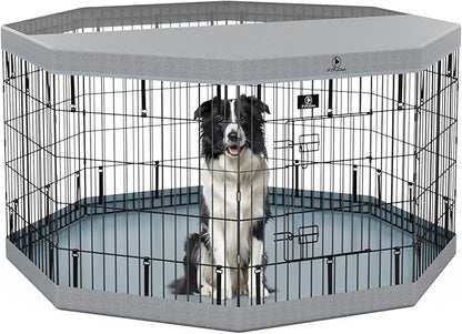 PJYuCien Dog Playpen, 8 Panels 30”H Dog Playpen Indoor with Grey Bottom Pad and Top Cover, Metal Foldable Dog Pen for Indoor Use, Better for Small Medium Animals, Grey