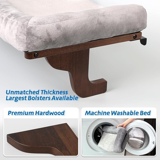 Cat Perch for Window Sill with Bolster - Orthopedic Hammock Design with Premium Hardwood & Robust Metal Frame - Cat Window Seat for Large Cats and Kittens - Dark Stained Wood with Gray Bed