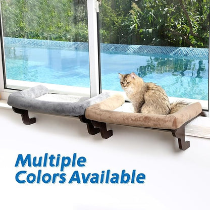 Cat Perch for Window Sill with Bolster - Orthopedic Hammock Design with Premium Hardwood & Robust Metal Frame - Cat Window Seat for Large Cats and Kittens - Dark Stained Wood with Brown Bed