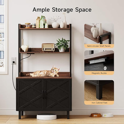 55 Inches Cat Litter Box Enclosure, Hidden Litter Box Furniture with 2 Storage Shelves and Charging Sockets, Wooden Cat House, Large Indoor Cabinet for Living Room & Entryway, Black
