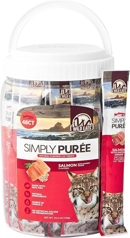 Simply Puree Salmon with Ancient Grains Tub for Cats | 48 Individual Servings | High-Protein, Grain-Enriched Cat Treat | All-Natural, No Artificial Additives | Smooth and Delicious Puree