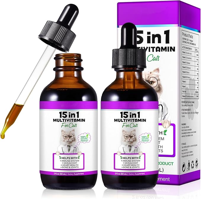 Cat Multivitamin,15 in 1 Cat Vitamins Liquid Drops Supplements for Heart Health, Bones, Joint, Skin & Coat, Bladder, Immune System Support 60ml-2pcs