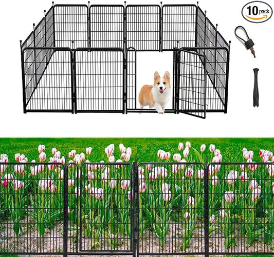 Tall Garden Fence, 52in(H) 10 Panels Total 22.1 Ft(L), Garden Fences and Borders for Dogs, Gate 21 inches Wide with Low Sills. Garden Animal Barrier, Flower Bed Fencing, Black Fencing for Dogs