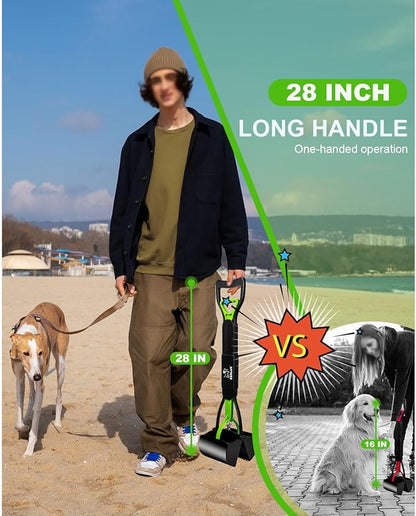 SZHLUX 28" Pooper Scooper, Foldable Dog Pooper Scooper with Unbreakable Material and Durable Spring for Grass and Gravel, Green