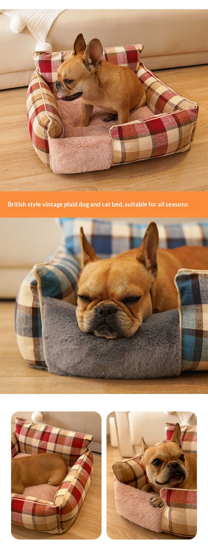 Retro Plaid All-Season Washable Pet Bed, Chew-Resistant For Small Medium Dogs & Cats