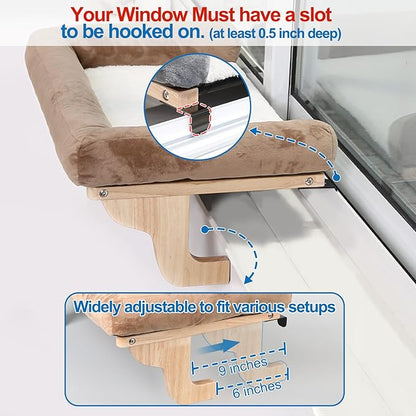 Cat Perch for Window Sill with Bolster - Orthopedic Hammock Design with Premium Hardwood & Robust Metal Frame - Cat Window Seat for Large Cats and Kittens - Natural Color Wood with Brown Bed