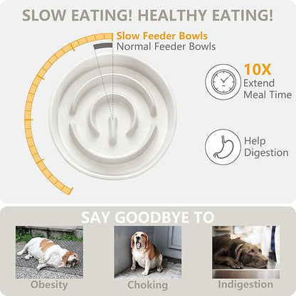 Ceramic Slow Feeder and Water Bowl Set for Small Dogs, Ceramic Dog Bowls Elevated with Wooden Stand, 0.6 Cups Dog Slow Feeder(14oz) and 30oz Water Bowl Set, White