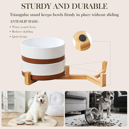MALACASA Dog Bowls, Ceramic Dogs Bowls with Wood Stand Non-Slip, 6 Cups or 58 oz Capacity Dog Water Food Bowl Glaze Matte Weighted Non-Slip Pet Bowl for Large Dogs (L-6 Cups)