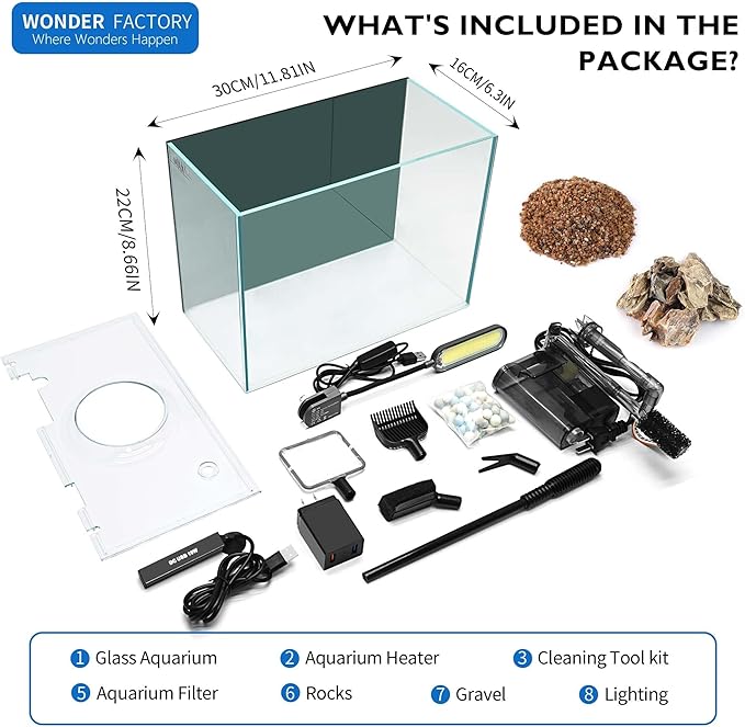 Small Aquarium Set Glass 2.6 Gallon Fish Tank, Starter Kit with Heater Self Cleaning System Efficiency Filter Bright Light Rocks Gravel Cleaning Tool, Leak-Proof Ultra-Clear Rimless Desktop Betta Tank