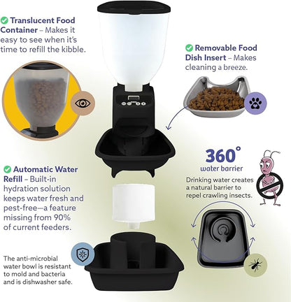 Automatic Dog & Cat Food Feeder with Water Dispenser – Smart Pet Feeder with Portion Control, OLED Display, Anti Jam Design, Battery Operated Dispenser for Medium/Large Pets - Black