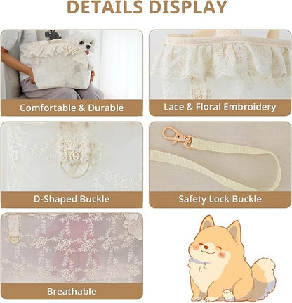 Dog Carrier for Small Dogs Rabbit cat with Lace Design, Cotton Bag, Dog Carrier Soft Sided, Collapsible Travel Puppy Carrier (Beige, 9.4" L x 5.9" W x 9.4" H)
