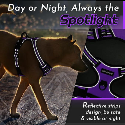 Eagloo Dog Harness Medium Sized Dog, No Pull Service Vest with Reflective Strips and Control Handle, Adjustable and Comfortable for Easy Walking, No Choke Pet Harness with 2 Metal Rings, Purple, M