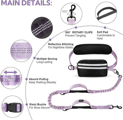 Hands Free Dog Leash with Pouch, Double Leash for Two Dogs, Retractable Bungee with Double Padded Handles, Dog Waist Leash for Dog Walking, Running Leash for Dogs, Dog Walking Accessories