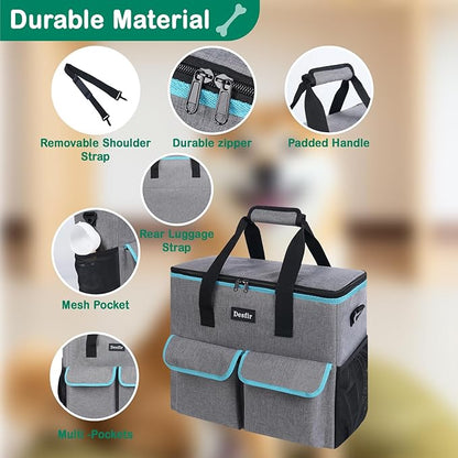 Large Pet Travel Bag Organizer - Dog & Cat Tote with Food Containers, Bowls, Feeding Mat, Perfect for Camping, Hiking (Multi-Pocket Design)