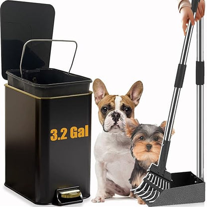 Dog Poop Trash Can Outside Stainless Steel - Metal Pooper Scooper Set - 12L Dog Waste Trash Can Outdoor with Pedal - Backyard, Yard - Removable Inner Bin, Long Handle Tray and Rake - Black and Gold