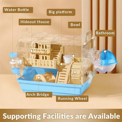 Cycodo 8 in 1 Acrylic Hamster Cage,2-Tier Dwarf Hamster Cage with Wooden Wheel & Hideout,Small Hamster Habitat with Accessories,Clear Pet Mice House(Blue,14" L*10" W*11" H)