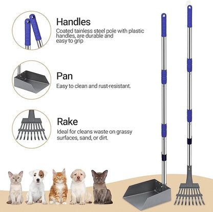 Heeyoo Dog Pooper Scooper, Dog Poop Tray and Rake Set, Pet Waste Removal Scoop with Long Adjustable Sectional Stainless Handles