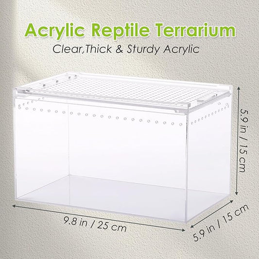 Acrylic Reptile Terrarium Enclosure 9.8" x 5.9" x 5.9" Magnetic Tarantula Breeding Box Transparent Insect Habitat for Jumping Spider Hermit Crab Lizard Sling Isopods Horned Frog Snake Gecko