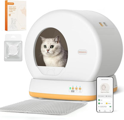 MeoWant Self-Cleaning Cat Litter Box, Advanced Safety System Automatic Cat Litter Box Perfect for Multi Cats, Extra Large/Odor Control/APP Control Smart Cat Litter Box with Mat & Liner, Yellow