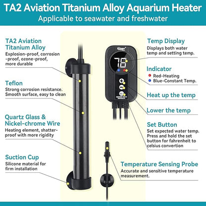 hygger Marine Aquarium Heater 100W,Titanium Heater with Digital LED Controller & Temperature Probe,Submersible Fish Tank Heater with Temperature Calibration,for Saltwater Freshwater Tank 15-20Gallon